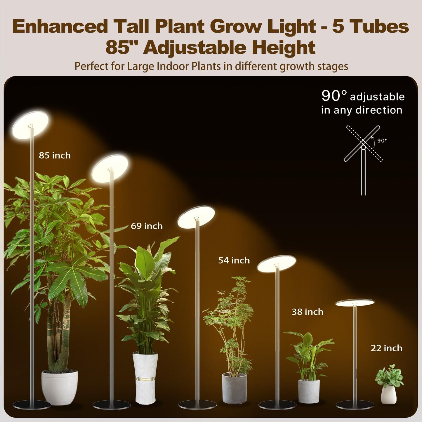AJABotanics Grow Light for Indoor Plants 60W Full Spectrum LED, 85'' Adjustable Standing Plant Light, Tall Grow Light with Timer & 10-Level Dimmable, Ideal for Large Plants & Indoor Trees