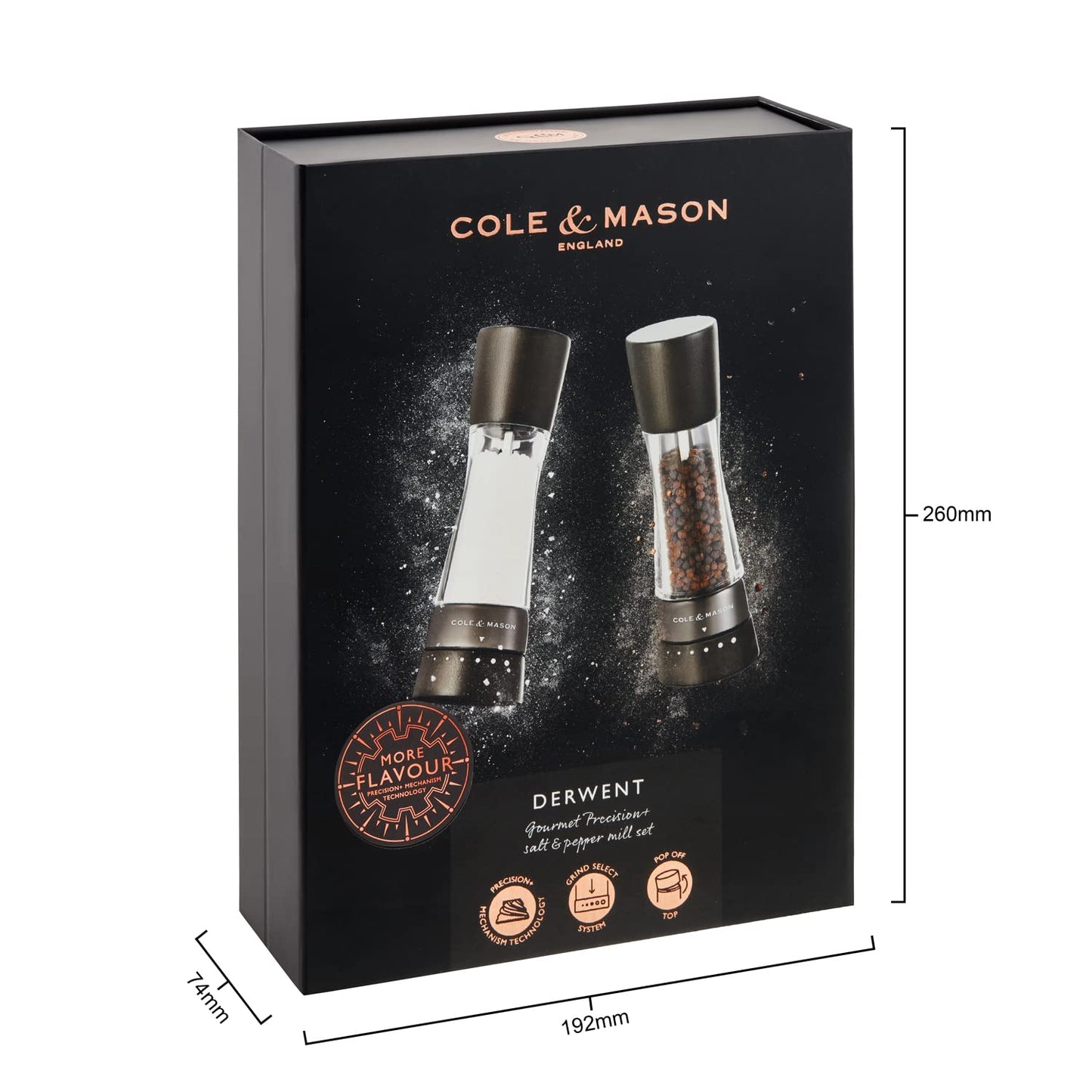 Cole & Mason H332293 Derwent Black Wood Salt and Pepper Mills, Gourmet Precision+, Adjustable Grind, Stained Beech/Acrylic, 190 mm, Gift Set, Includes 1 Salt and 1 Pepper Grinders