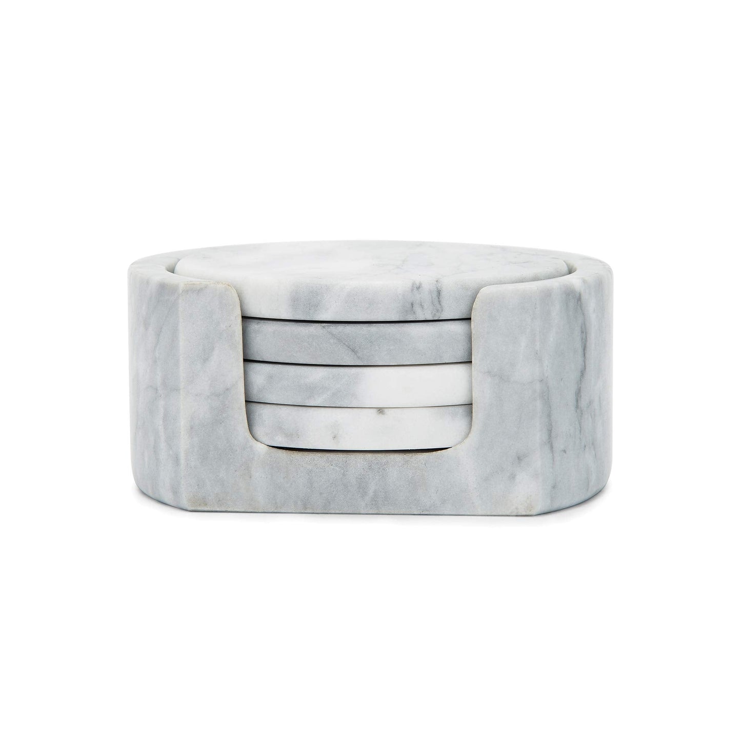 Fox Run Natural Polished Marble Coasters, Set of 4 White Coasters With Holder