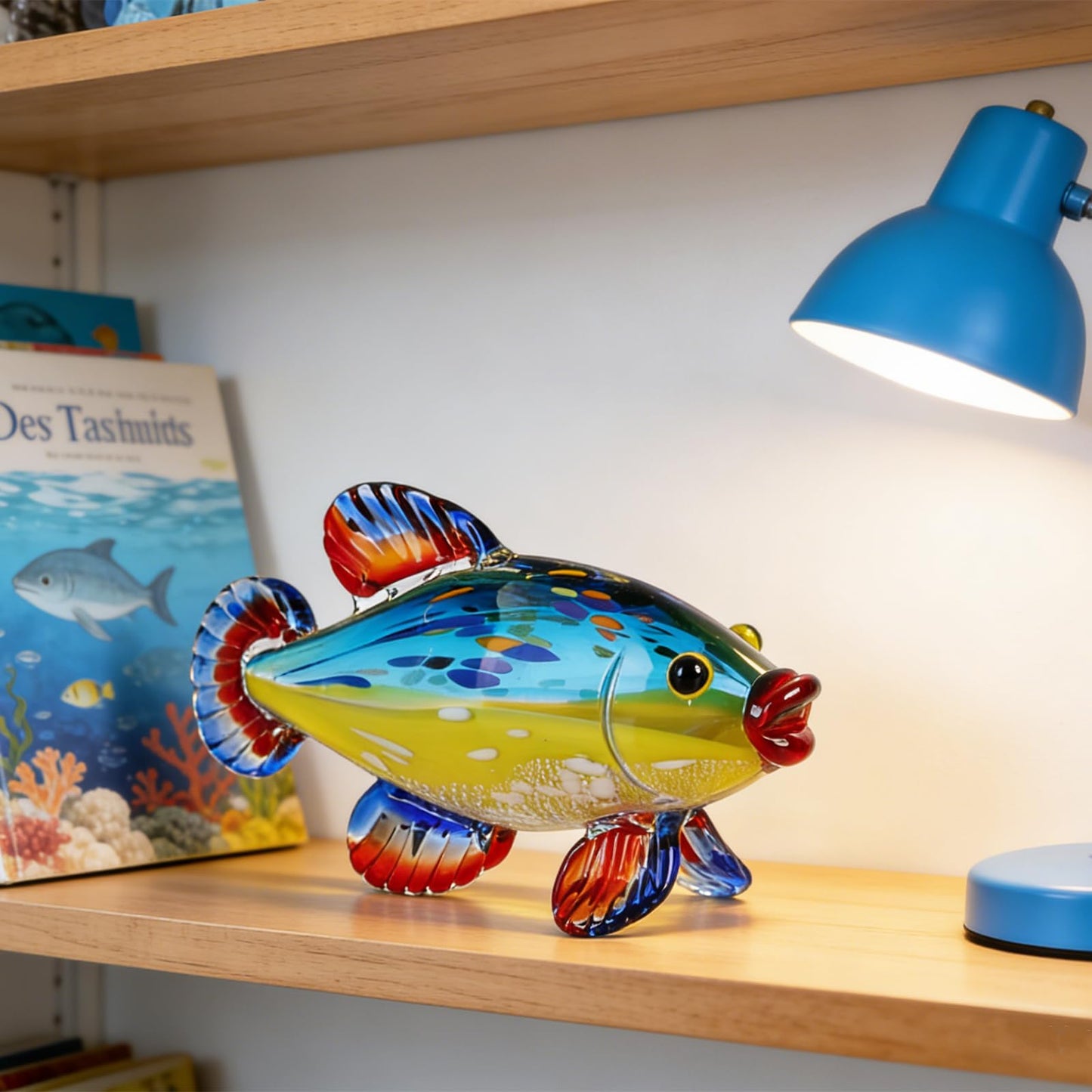 suruim Hand Blown Glass Fish Sculpture, Glass Fish Decor Figurine for Home Decor, Decorative Art Glass Animal Statue for Shelf, Tabletop or Mantel Display, Sea Life Accent (Blue)