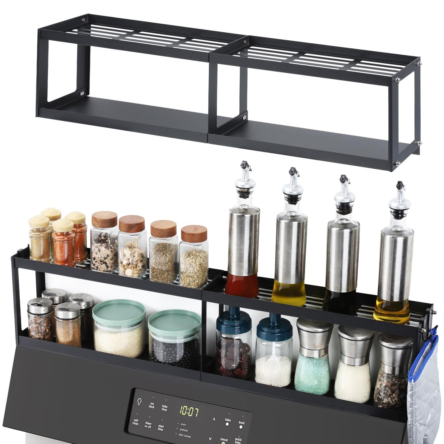 OTraki 2 Tier Strong Magnetic Oven Shelf 30 Inch Length Spice Rack Over The Stove Shelf with 2 Anti-Slip Mats Seasoning & 4 Hooks Kitchen Spice Storage Organizer Black