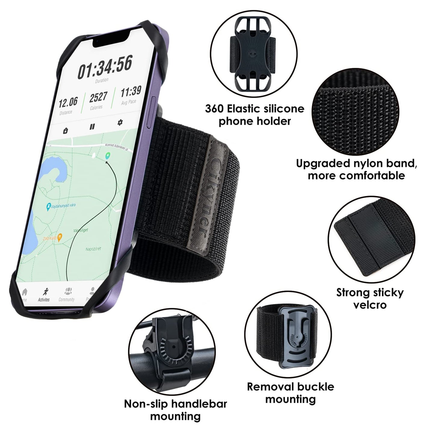 Cikyner Running Armband, Upgraded 3 in 1 Running Phone Holder Sports Armband Bicycle Phone Holder 360° Rotatable & Detachable Running Phone Armband for 4.5-7'' iPhone for Gym Running Hiking