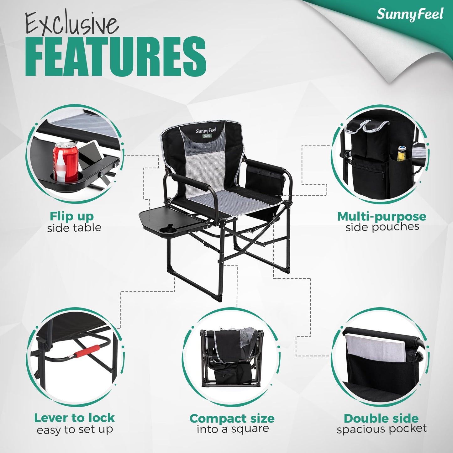SUNNYFEEL Oversized Camping Directors Chair 2 Pack, Portable Folding Lawn Chairs for Adults Heavy Duty with Side Table,Pocket for Beach, Fishing,Picnic,Concert Outdoor, Foldable Camp Chairs