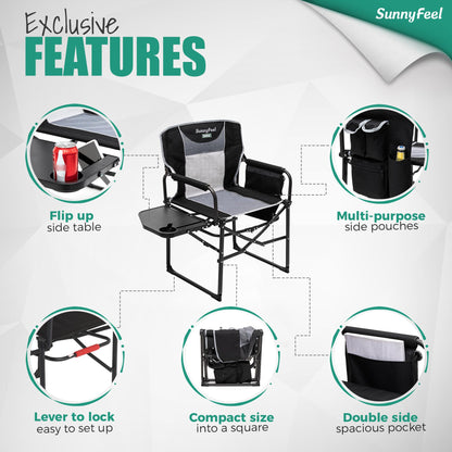 SUNNYFEEL Oversized Camping Directors Chair 2 Pack, Portable Folding Lawn Chairs for Adults Heavy Duty with Side Table,Pocket for Beach, Fishing,Picnic,Concert Outdoor, Foldable Camp Chairs
