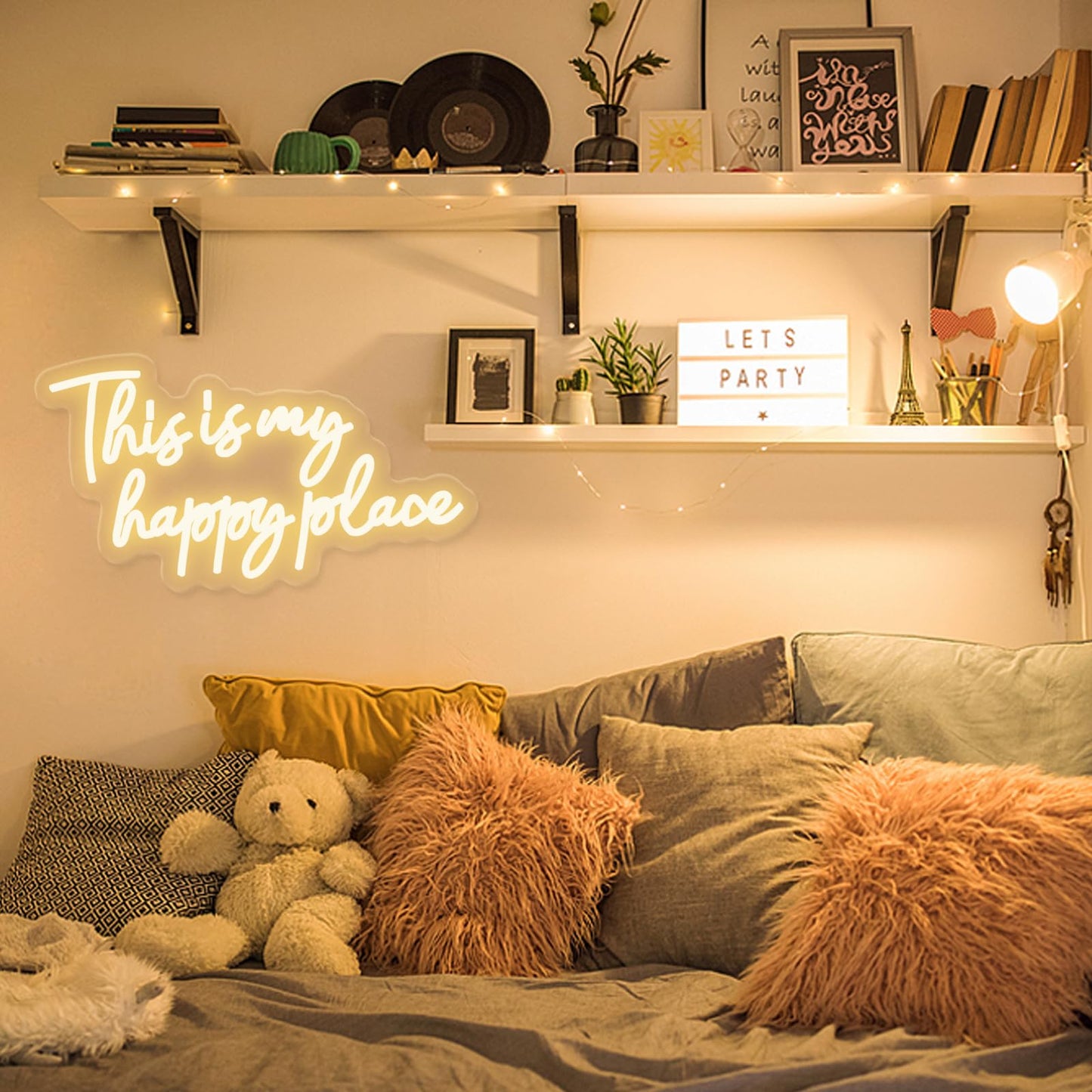 UExnkj-Y This is My Happy Place Neon Sign, Warm White Neon Lights for Wall Decor, Happy Place Signs for Wall Decor, USB Dimmable Led Light Up for Bedroom Classroom Man Cave Home Bar