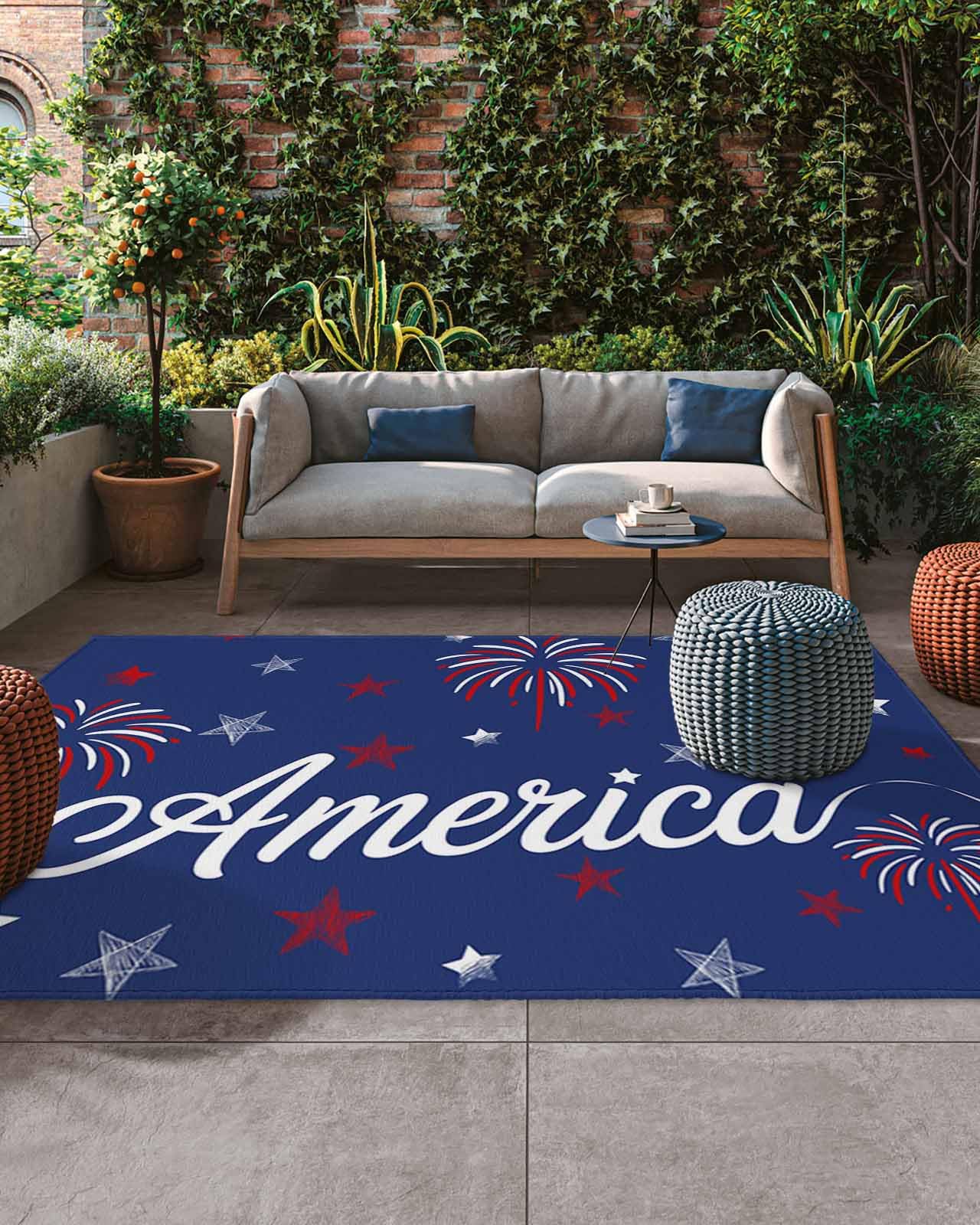 4th of July Outdoor Rug 5x8 ft American Flag Outdoor Large Area Rug Non Slip Patriotic Stars Red Blue Fireworks Front Door Mat RV Camping Carpet Patio Outdoor Rugs for Backyard Balcony Indoor