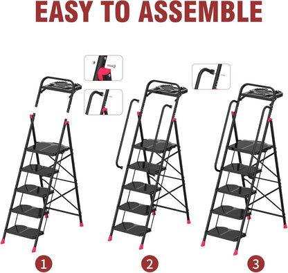 5 Step Foldable Step Ladder Stool with Roomy Tool Tray and Secure Handrail, Foldable Platform Ladder 5 Step Folding Stepstools with Wide Pedals and 800lbs Weight Capacity for Adults, Home, Kitchen