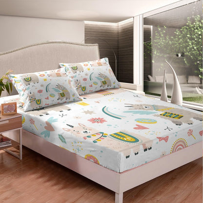 Feelyou Llama Alpaca Fitted Sheet Kids Cute Llama Donuts Bedding Set Cartoon Llama Alpaca Bed Sheet Set for Boys Girls 3D Animal Theme Bed Cover Children Sweet Dessert Room Decor Twin Size