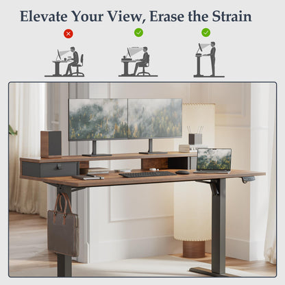 Klicelor 63 x24 Inch Electric Standing Desk with Drawers, Adjustable Height Small Sit Stand Desk for Home Office, Compact Computer Workstation with Storage– Rustic Brown