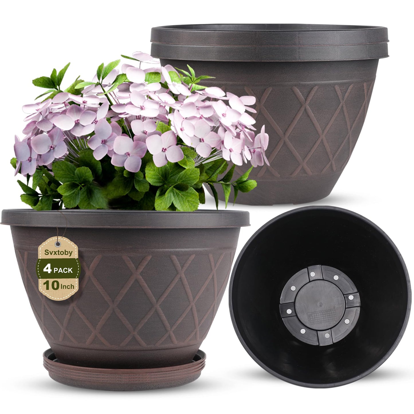 4 Pack 10 Inch Plant Pot, Planter Pots with Drainage Holes & Saucers, Modern Plaid Pattern Planters Garden Pots for Herbs, Decorative Plastic Flower Pots for Outdoor Indoor Home Plants (Brown)
