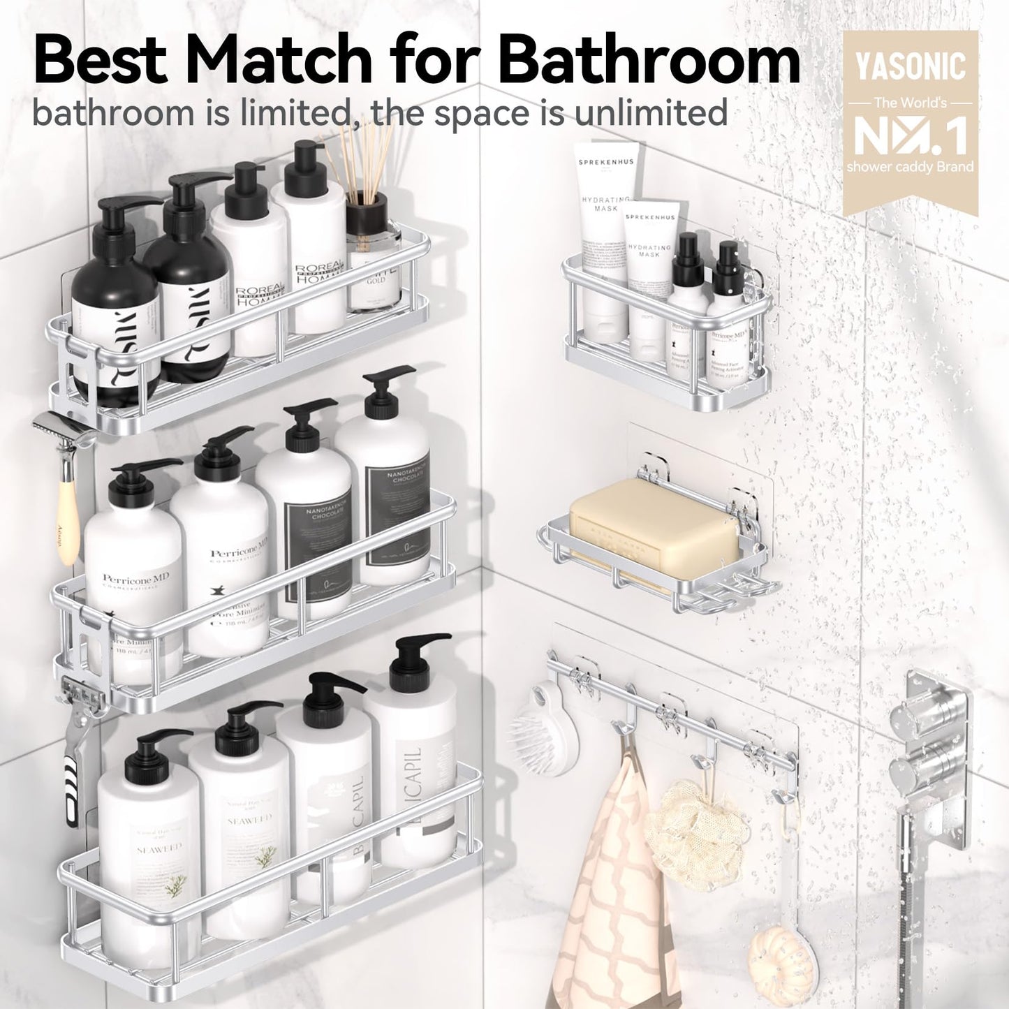 YASONIC Shower Caddy, 100% Rustproof Shower Shelves for Inside Shower, No Drilling Bathroom Organizers and Storage, 6 Pack Large Capacity Bathroom Shelves for Kitchen & Home Decor