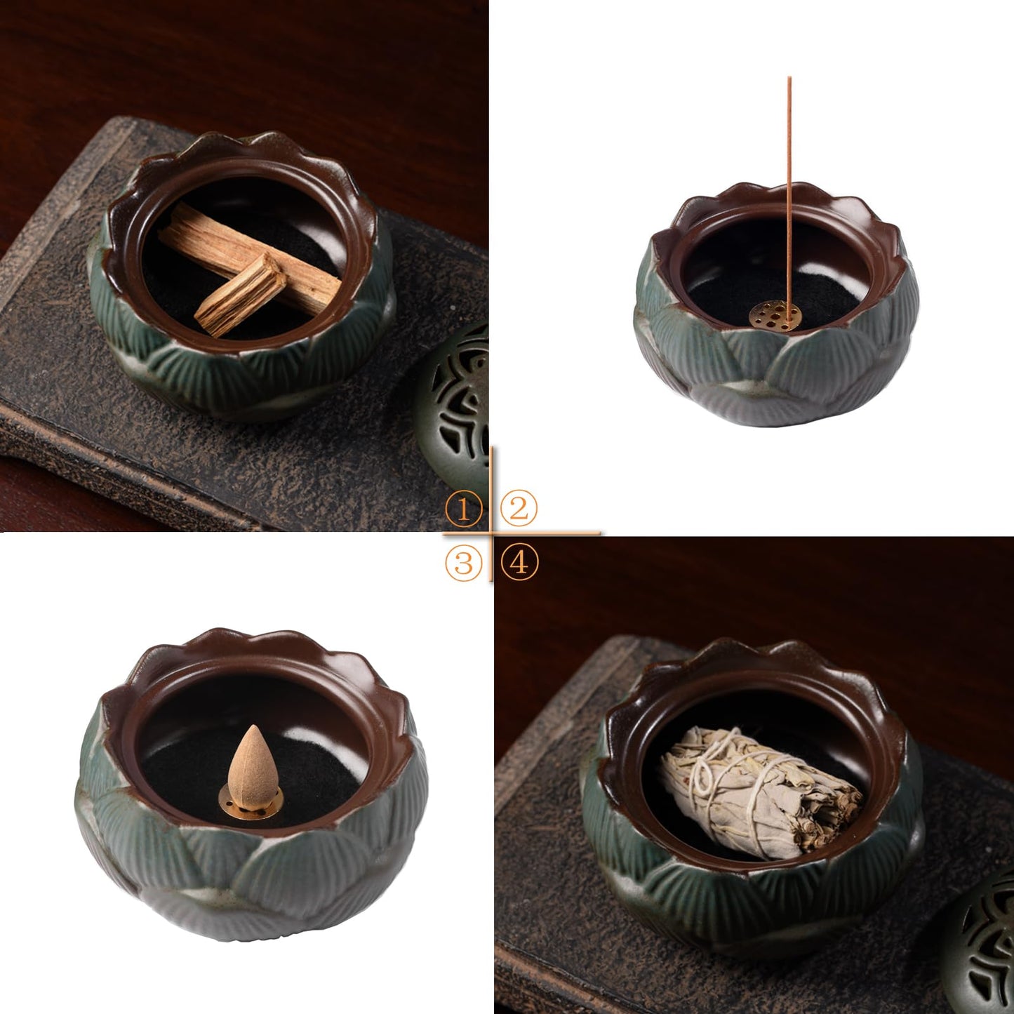 ChorZhow Incense Burner or Incense Cone Holder,Lotus Cone Incense Burner,Incense Cone Holder for Incense Cone and Coil Incense, Coil Incense Burner Set for Office Yoga and Home,Green