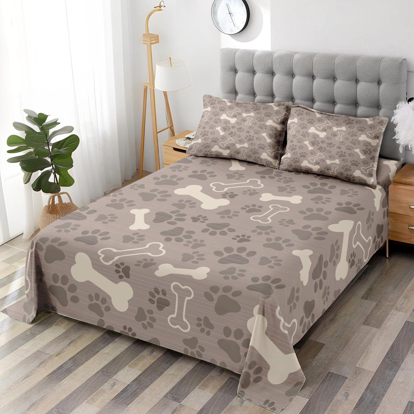 Pamnest Queen Size Bed Sheet Sets, Cute Dog Paw Animal Soft Microfiber 4 Pcs Bedding Sets for Kids and Adults Bedroom Bed Decor, Pet Puppy Bone Flat, Fitted Sheet and 2 Pillowcases