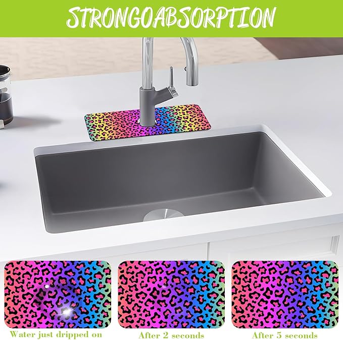 Sink Faucet Absorbing Mat Rainbow Colored Leopard Print Sink Splash Guard