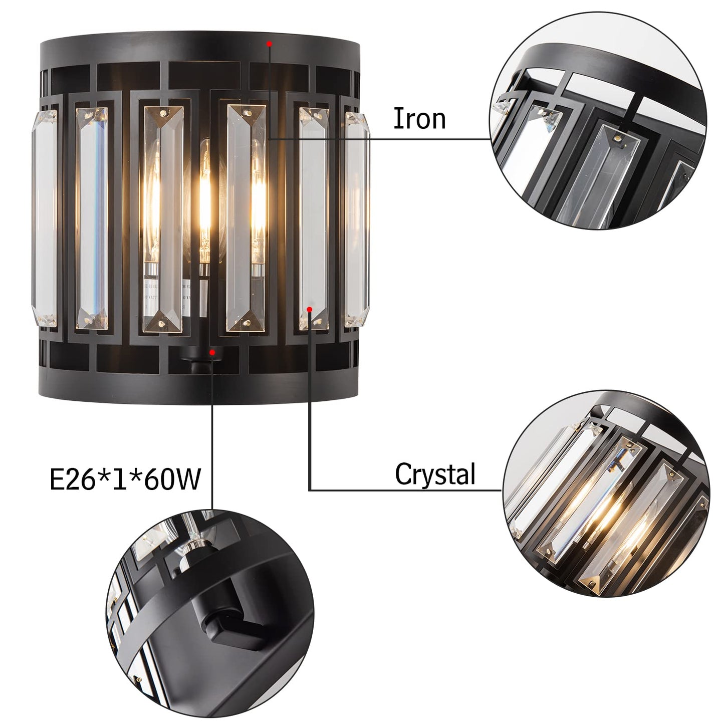 Larootsi Modern Crystal Wall Sconce 1xE26 Black Vanity Wall Lamp K9 Crystal Wall Light Fixture for Hallway Doorway Bedroom Living Room Lighting
