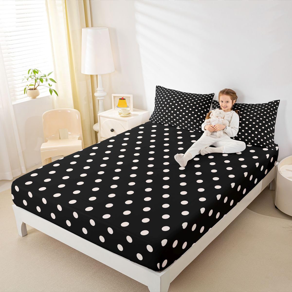 jejeloiu Black White Polka Dot Fitted Sheet Full Size for Kids Boys Girls Retro Cute Polka Dot Bed Sheets Set 16" Deep Pocket Soft Breathable Geometric Bedding with 2 Pillowcases Luxury Room Decor