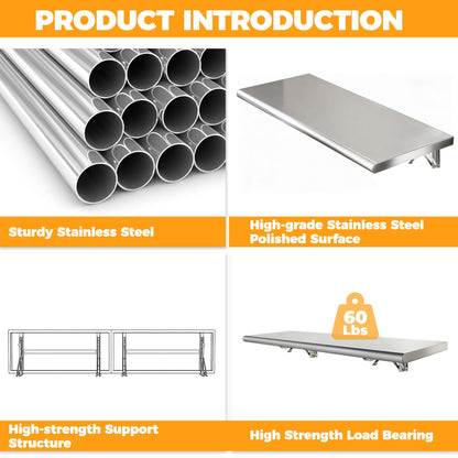 72" x 12" Split Stainless Steel Folding Concession Shelf,Heavy-Duty Drop-Down Serving Window Shelf, Wall-Mounted Folding Serving Food Shelf Stand for Food Trucks, Concession Stands & Commercial Use