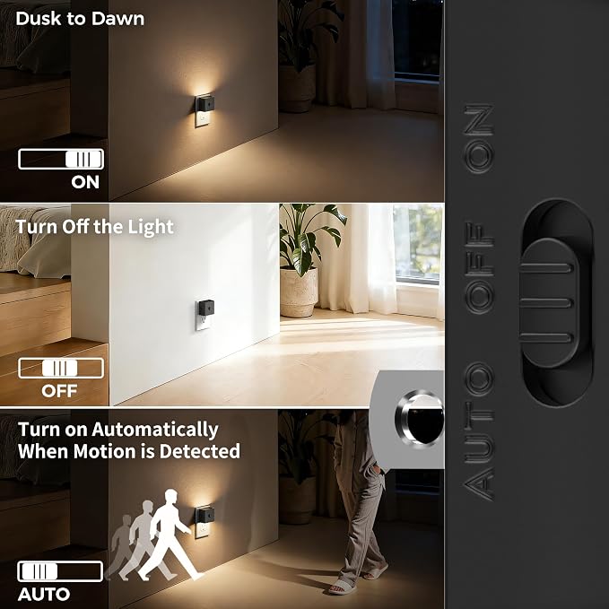 DORESshop LED Motion Sensor Night Light [2 Pack], Plug in Night Light, Night Light Motion Sensor, Dusk to Dawn 3 Level Brightness Adjustable Night Lights for Adults, Bedroom, Bathroom, Hallway