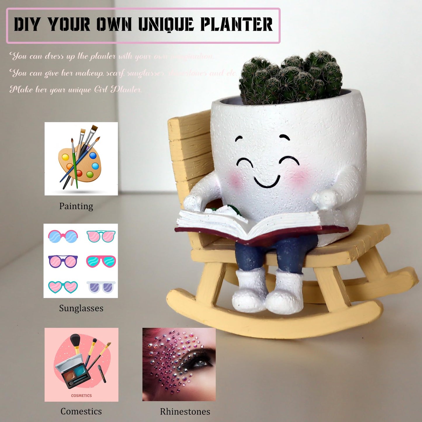 Dolkgy Cute Head Planters Face Pots, Adorable Human Face Planter Reading Books Flower Vase for Indoor Outdoor Plants, Unique Plant Holder Succulent Cactus Pots