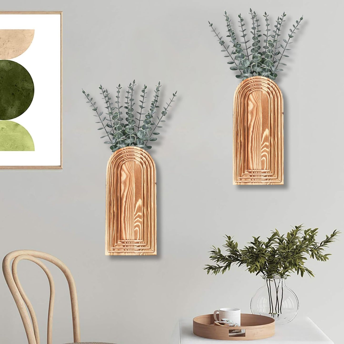 Dnnnii 2 Pack Wooden Wall Vase Set - Brown Finish Modern Farmhouse & Boho Wall Decor for Entryway, Hallway, Bathroom, Living Room, Dining Room, Narrow Spaces