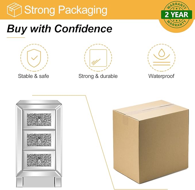 VINGLI 3-Drawer Mirrored Nightstand Bedside Table Glass Accent End Table