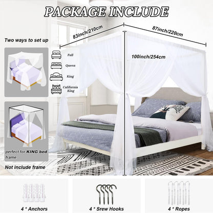 South to East White Canopy Bed Curtains, 4 Corner Post Bed Canopy for Girls & Adults, Top Luxurious Bed Drapes for Bedroom Decoration, 4 Openings, 100% Ripstop Polyester, Easy Install, King/Queen Size