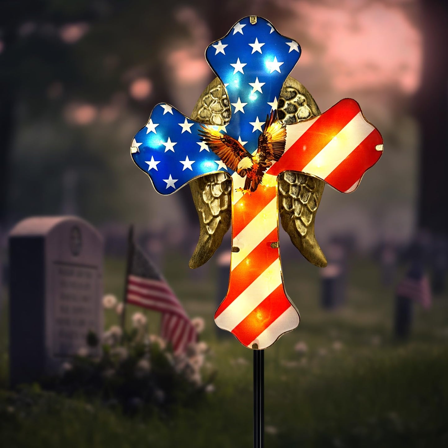 Hokfirm 4th of July Decorations Outdoor,Solar Cross for Cemetery Grave,Cemetery Decorations Yard Patio Decor,Patriotic Eagle Cross Solar Lights Outdoor Pathway,Lawn,National Day Remembrance Gifts