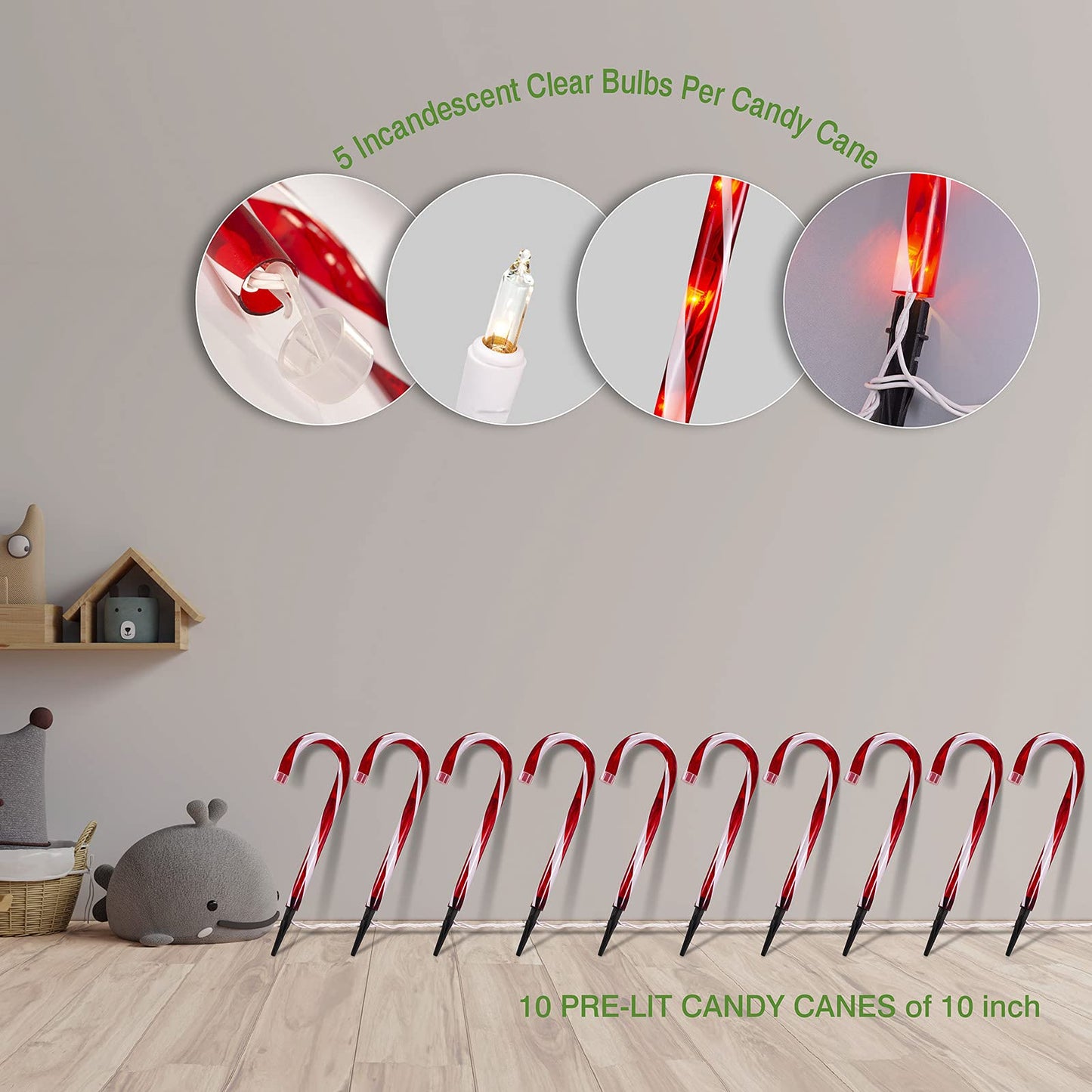 Candy Cane Christmas Lights Outdoor, 10 inch Lighted Candy Cane Yard Lights with Set of 10 Candy Canes Outdoor Walkway Christmas Lights Pathway Lawn Yard Decorations