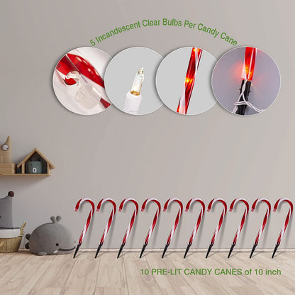 Candy Cane Christmas Lights Outdoor, 10 inch Lighted Candy Cane Yard Lights with Set of 10 Candy Canes Outdoor Walkway Christmas Lights Pathway Lawn Yard Decorations