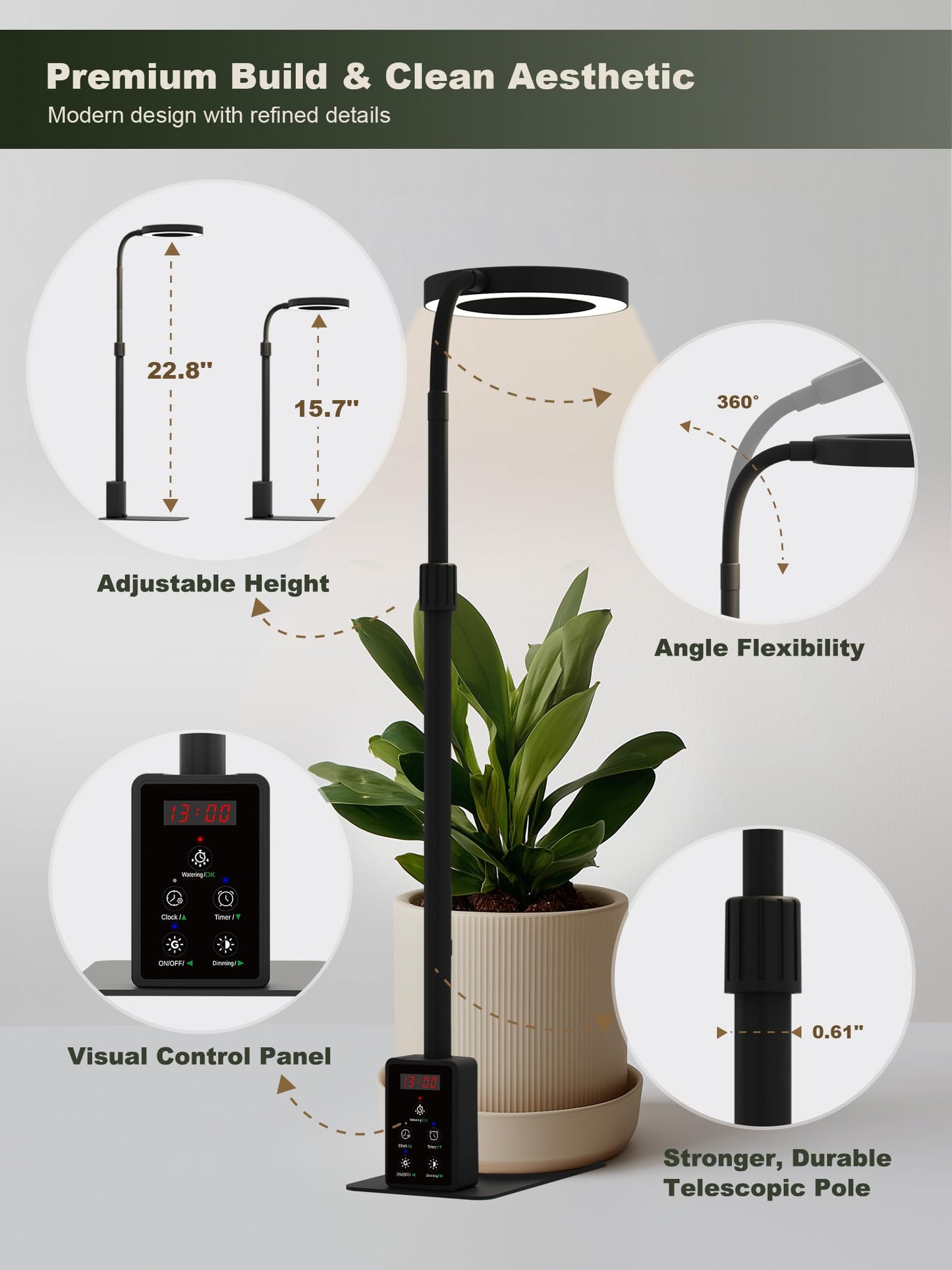 GLOWRIUM Smart LED Grow Lights for Indoor Plants G4, 12W Full Spectrum 3500K with Grow lamp, Bluetooth App Control, 10-Level Dimming, Gooseneck, Height Adjustable 16"-23", Auto Timer, (Black 12W)