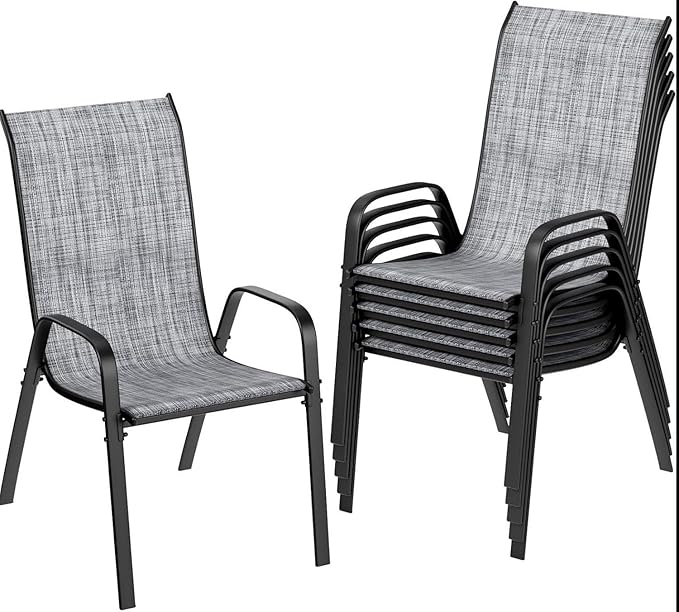 MAMIZO Patio Dining Chairs, Stackable All Weather Teslin Chair, Heavy Duty Outdoor Breathable Chairs Set, w/Armrests, Upgraded Chair FeetW/Strenthened Iron Spacers, 330 LBS (6, Grey)
