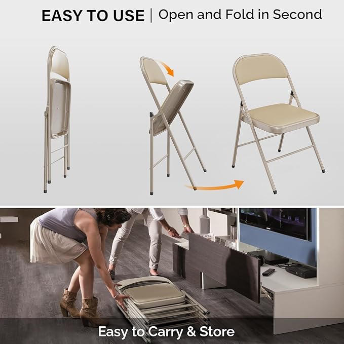 VINGLI 20 Pack Folding Chairs with Padded Seats, Metal Frame with Pu Leather Seat & Back, Capacity 350 lbs, Set of 20, Khaki