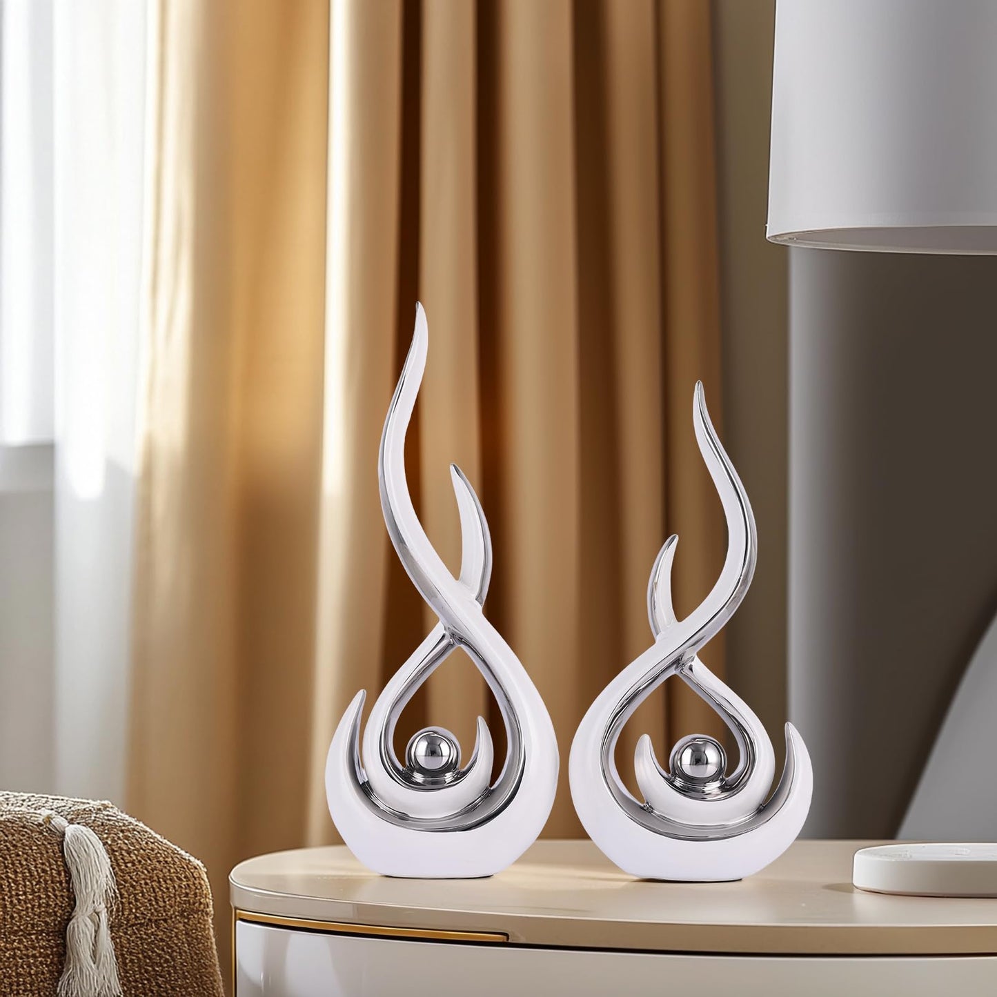 Ceramic Abstract 2 Piece Statue Set, White and Silver Home Decor Accents for Home Decor Statue Mantle Shelf Unique Decor, TV Cabinet Partition Table Top and Dining Table Centerpiece.