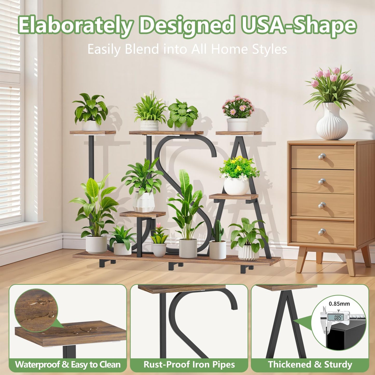 NUNUDA Plant Stand Indoor with Grow Lights - Enlarged 6 Tiered Plant Shelf with Grow Light, 32" USA-Shaped Plant Stand Holds 12 POTS Indoor Plants, Metal Plant Shelf for Home, Living Room, Patio