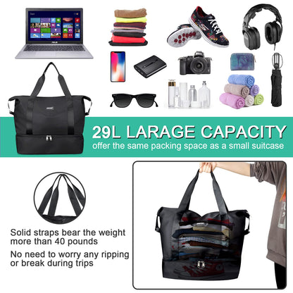 Sports Bag, Foldable Travel Bag with Shoe Compartment and Wet Compartment, CS COSDDI Water-Repellent Weekender Gym Travel Bag, Hand Luggage Bag, Training Bag for Men and Women, A1 Black, Reisetasche
