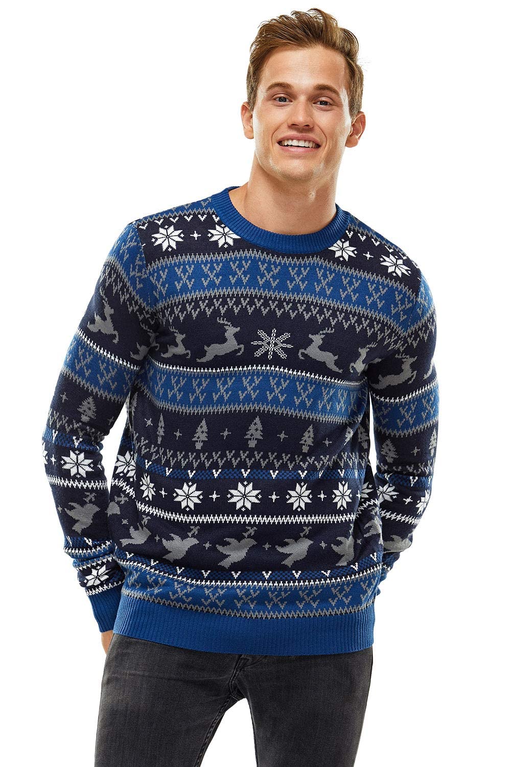 Women`s Ugly Christmas Sweater Unisex Men憇 Funny Novelty Fairisle Pullover for Party Feeling The Fair Isle Blue X-Large