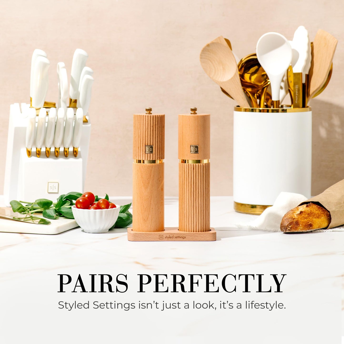 Wooden Salt and Pepper Grinder Set – Refillable Manual Salt and Pepper Mills with Adjustable Ceramic Burrs, Gold Detailing, and Wood Stand