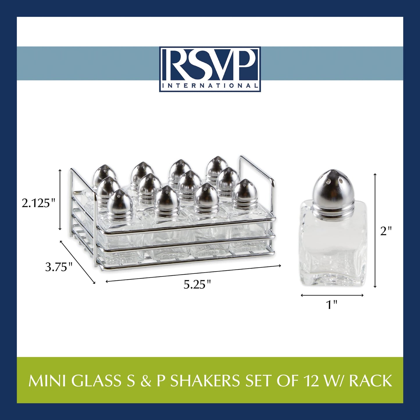 RSVP International Mini Glass Salt & Pepper Set Holder Included, 12 Shakers, Chrome and Stainless Steel