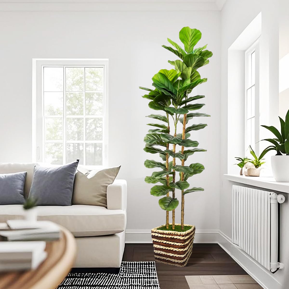 Artificial Fiddle Leaf Fig Tree Indoor with Woven Basket - 5ft Tall Fake Tree with Real-Wood Trunk,Faux Plants for Living Rooms, Offices, Kitchens & Outdoor Spaces (Square Basket)