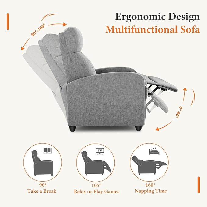 Sweetcrispy Recliner Chair Fabric Recliner Sofa No Massage, Home Theater Seating with Lumbar Support, Adjustable Push Back Overstuffed High-Density Sponge Reclining for Living Room, Slate Gray