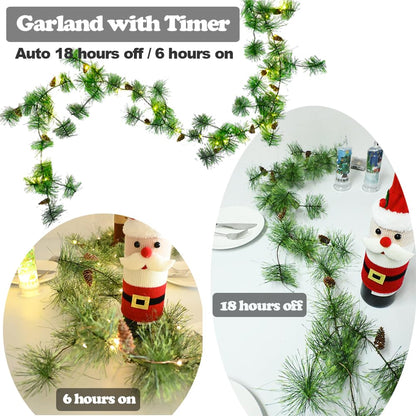 Pre-lit Christmas Garland with Lights 9.84 FT Smokey Pine Garlands 40 LED Fairy Lights Battery Operated with Timer Pine Cones Artificial Greenery Garland Wreath for Christmas Home Mantle Stairs Decor