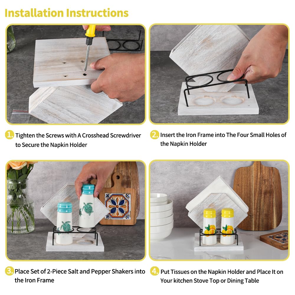Rustic Farmhouse Napkin Holder Set - Natural Wood Kitchen Organizer with Lemon 2 Salt & Pepper Shakers for Countryside Dining & Minimalist Home Decor (Gift Ready)