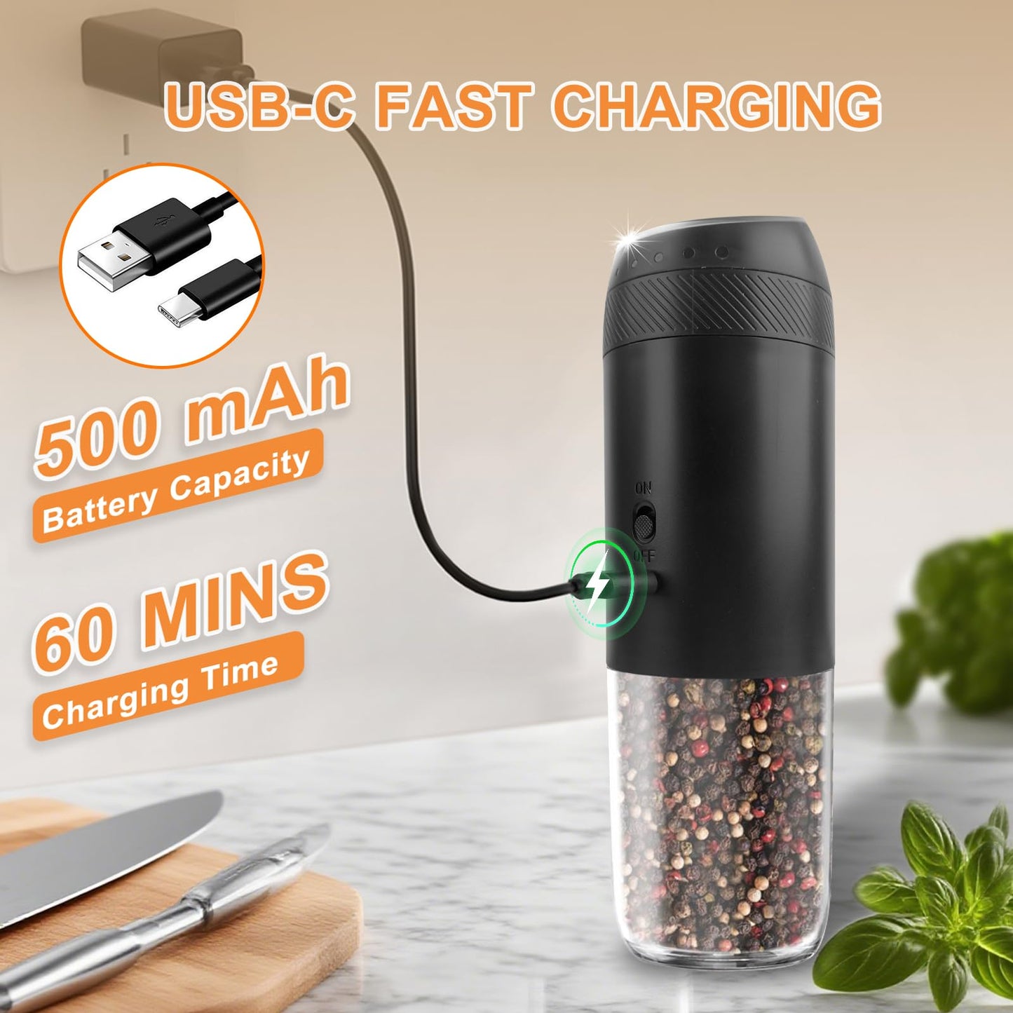 Gravity Electric Salt and Pepper Grinder Set Rechargeable, External Adjustable Coarseness, Automatic Salt and Pepper Shakers Mill with LED Light, 6oz/176ml Large Capacity, House Warming Gifts (1 Pack)