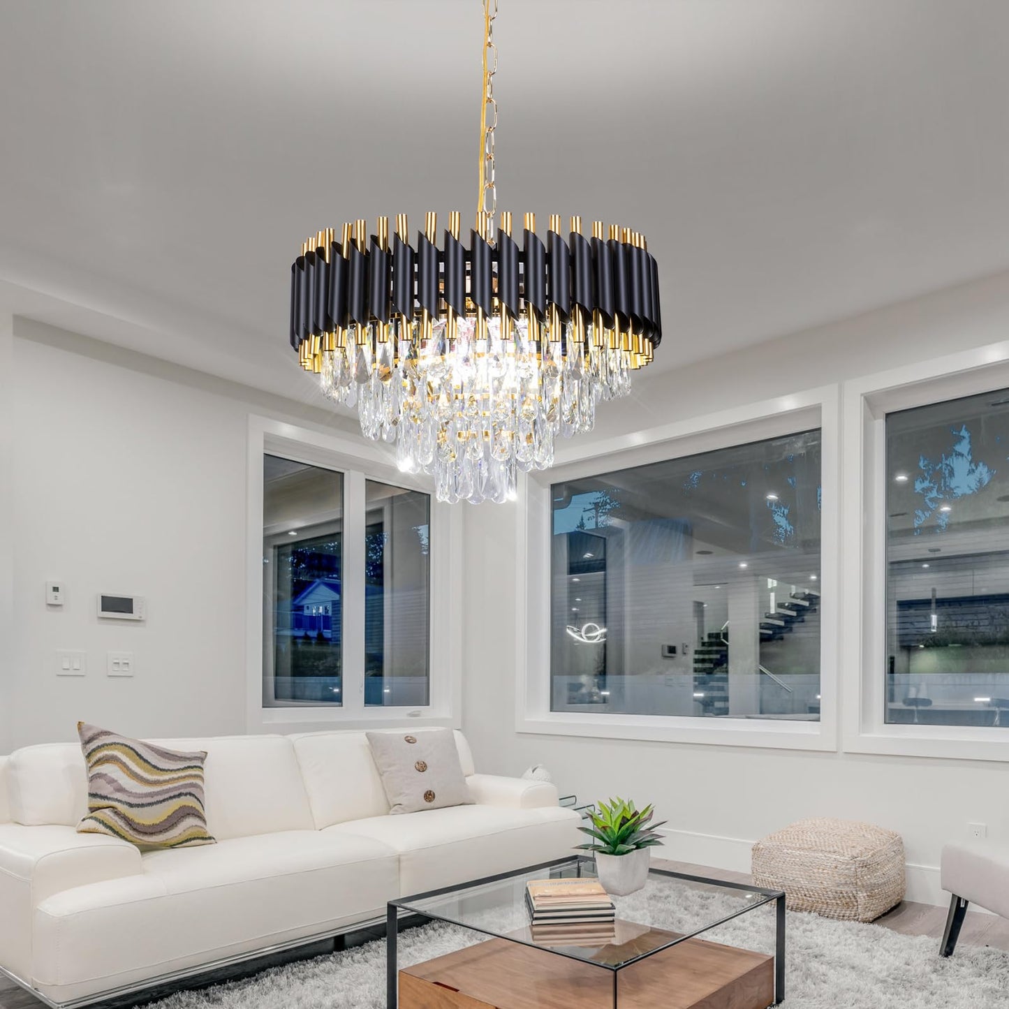 FRIXCHUR Modern Crystal Chandelier 20" Black Flush Mount Ceiling Light 4 Tiers Crystal Pendant Light LED Crystal Chandelier for Bedroom Dining Room