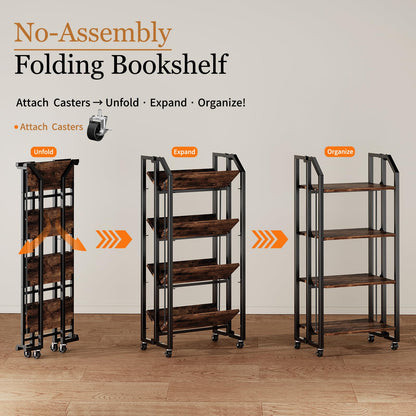 VYRIVA No Assembly Double-Sided Folding Bookshelf for Living Room, 4 Tier Collapsible Book Shelf for Home Office, Portable Bookcase Storage Organizer