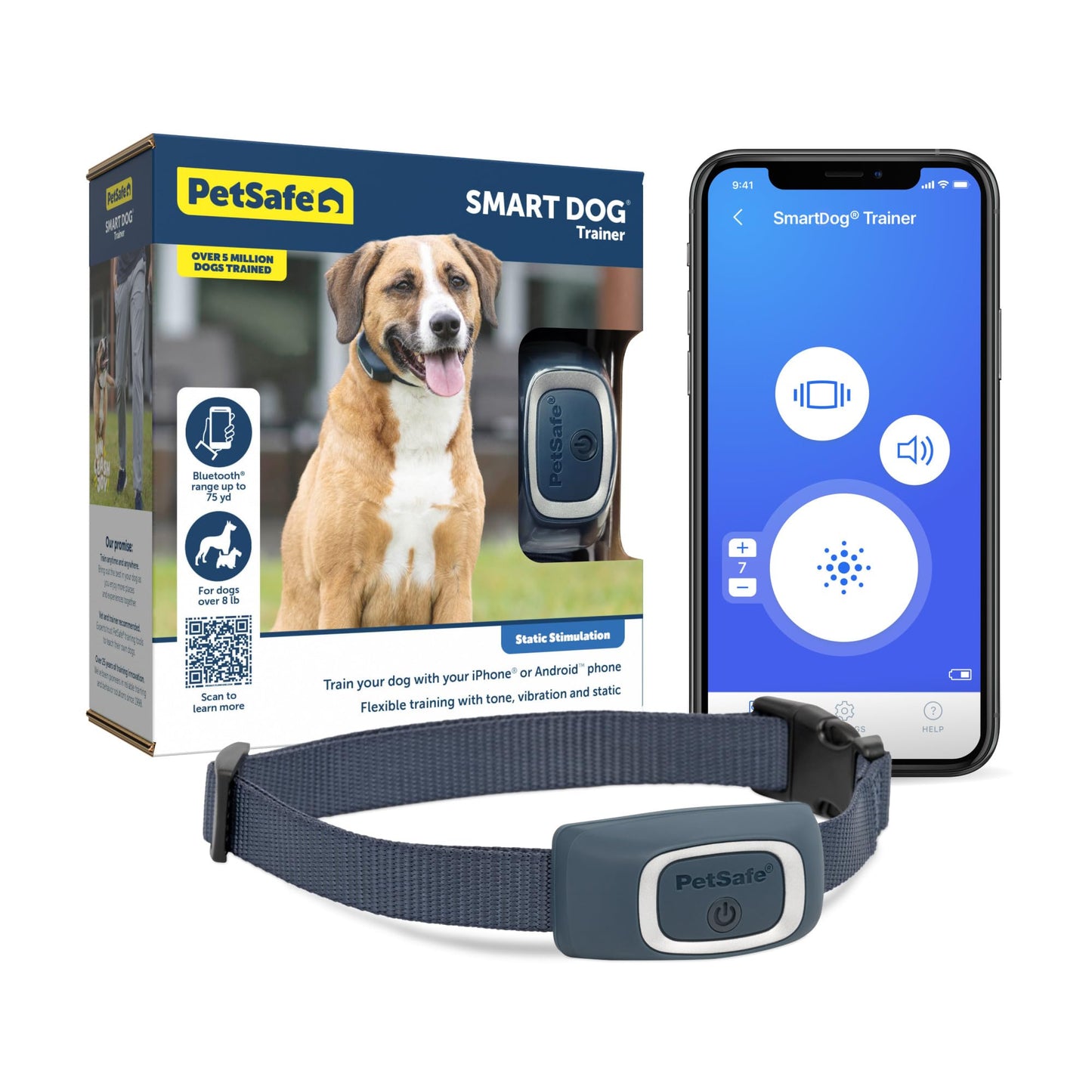 PetSafe Smart Dog Training Collar – Uses Smartphone as Handheld Remote Control – Tone, Vibration, 1-15 Levels of Static Stimulation – Bluetooth Wireless System – All in One Pet Training Solution