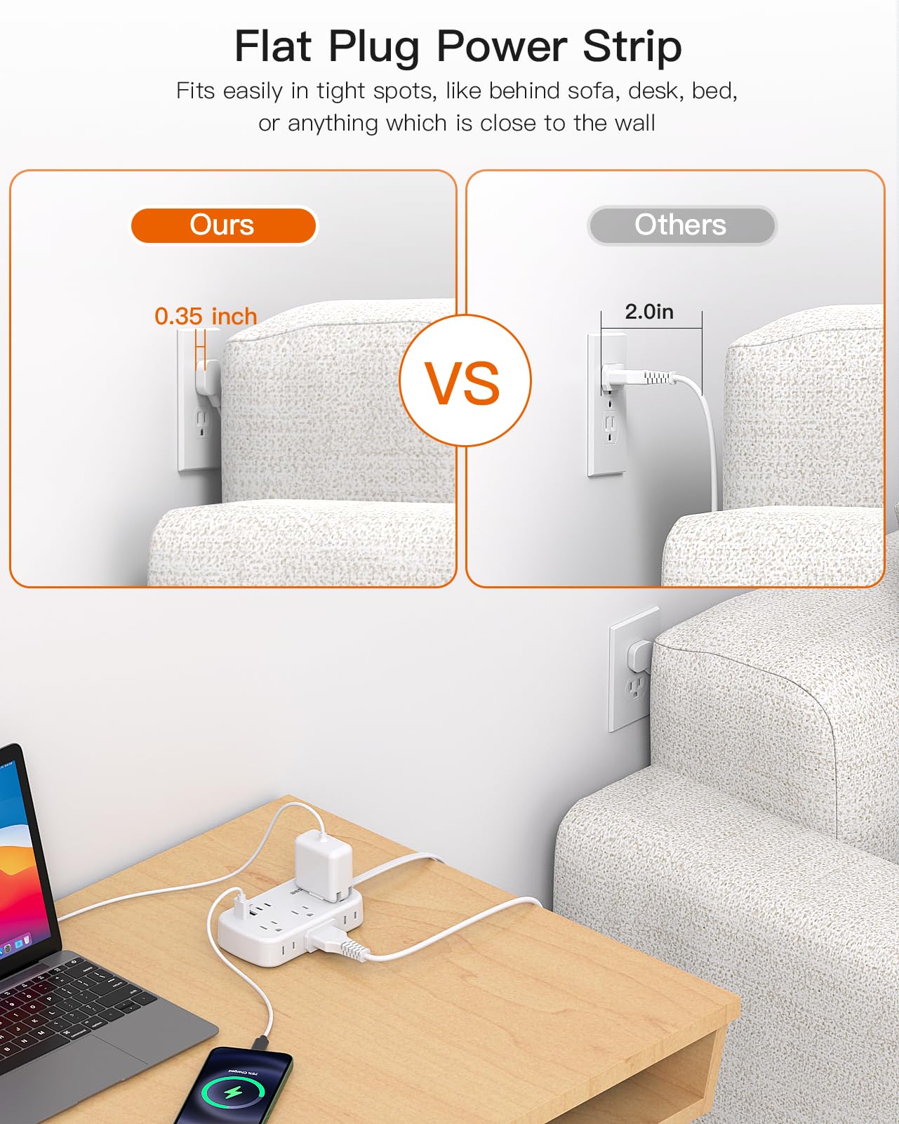 Flat Extension Cord, BESHON 5FT Flat Plug Power Strip with USB C, 6 Outlets 4 USB Port(2 USB C), No Surge Protector, Cruise Ship, Dorm Room Travel Essentials