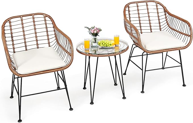 Tangkula 3 Pieces Patio Conversation Bistro Set, Outdoor Wicker Furniture