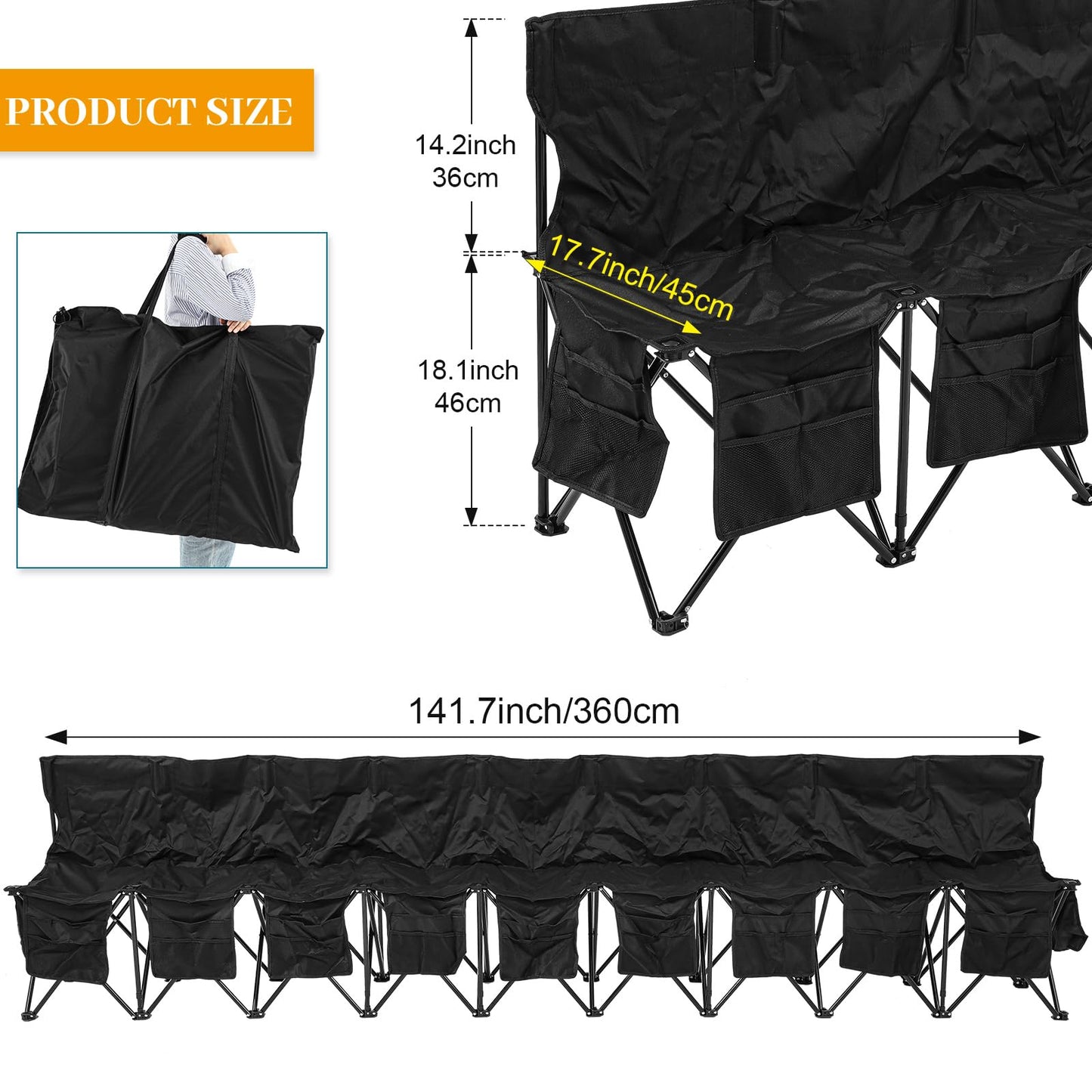 Wonderjune Folding Soccer Bench Portable Sports Team Bench with Pockets and Carrying Bag for Sports Team Outdoor Camp Travel Soccer Practice(Black,9 Seat)
