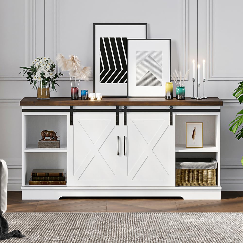 IDEALHOUSE Farmhouse TV Stand, Entertainment Center for 65 Inch TV Media Console Table, White Barn Door TV Stand with Storage and Shelves, Modern TV Console Cabinet Furniture for Living Room